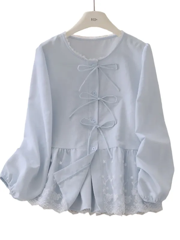 Chic YC Women's Lace Peplum Blouse 2026 Kawaii Bow-Tie Puff Long-Sleeve Top made by Zulily