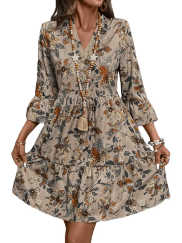 Chic YC Women's Floral Tiered Mini Dress Spring Boho 3/4 Bell Sleeve V-Neck Dress made by Zulily