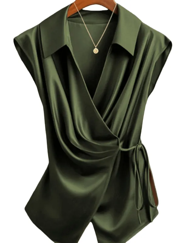 Chic YC Women's Satin Wrap Blouse Spring Summer Elegant Sleeveless Tie-Waist Top made by Zulily