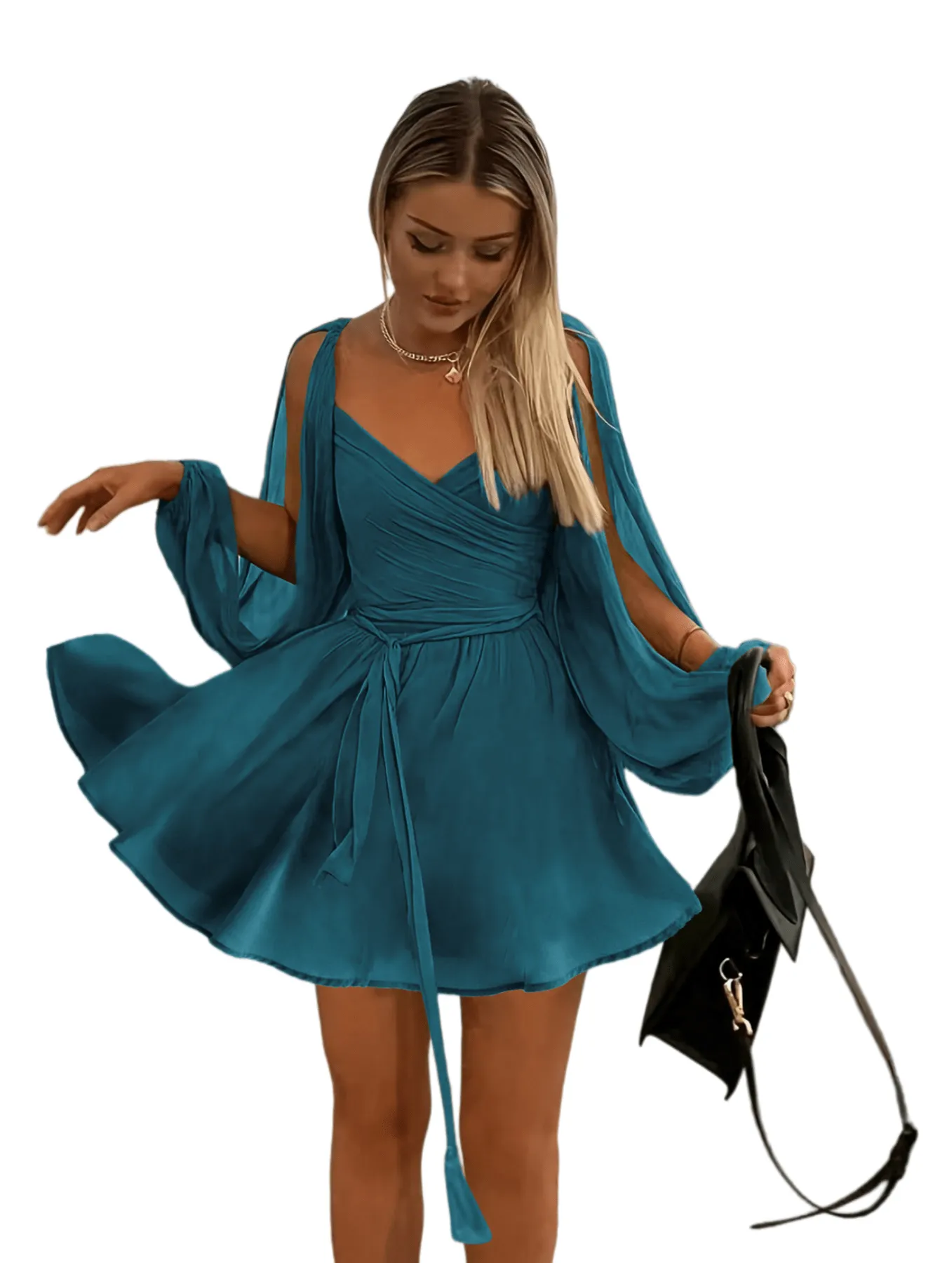 Chic YC Women's Chiffon Cape Sleeve Ruched Mini Dress V-Neck Tie Waist Summer Elegant Party Dress sold by Zulily product image thumbnail 2