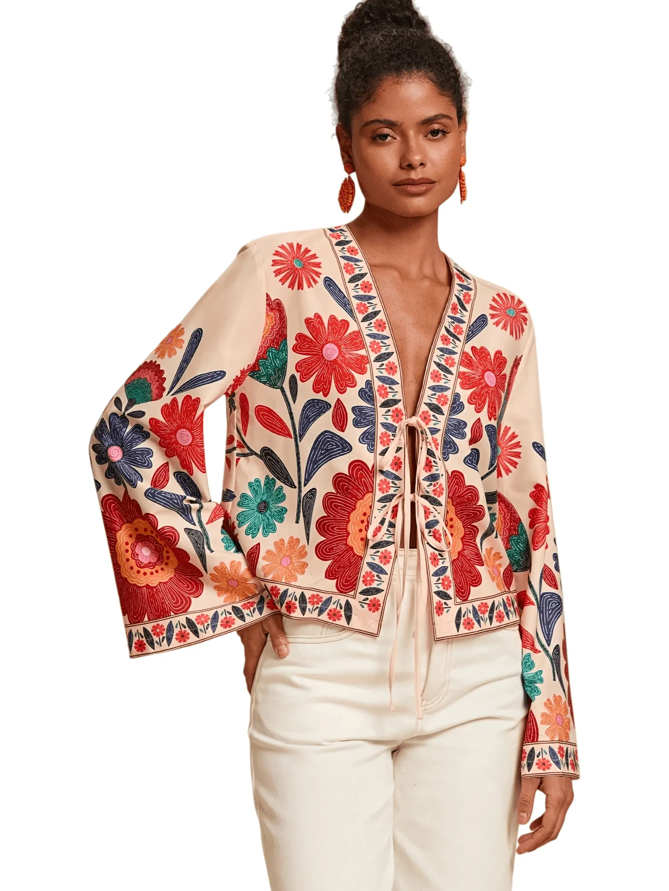 Chic YC Women's Floral Embroidered Tie-Front Top Spring Boho Bell Sleeve Crop Blouse sold by Zulily product image thumbnail 3