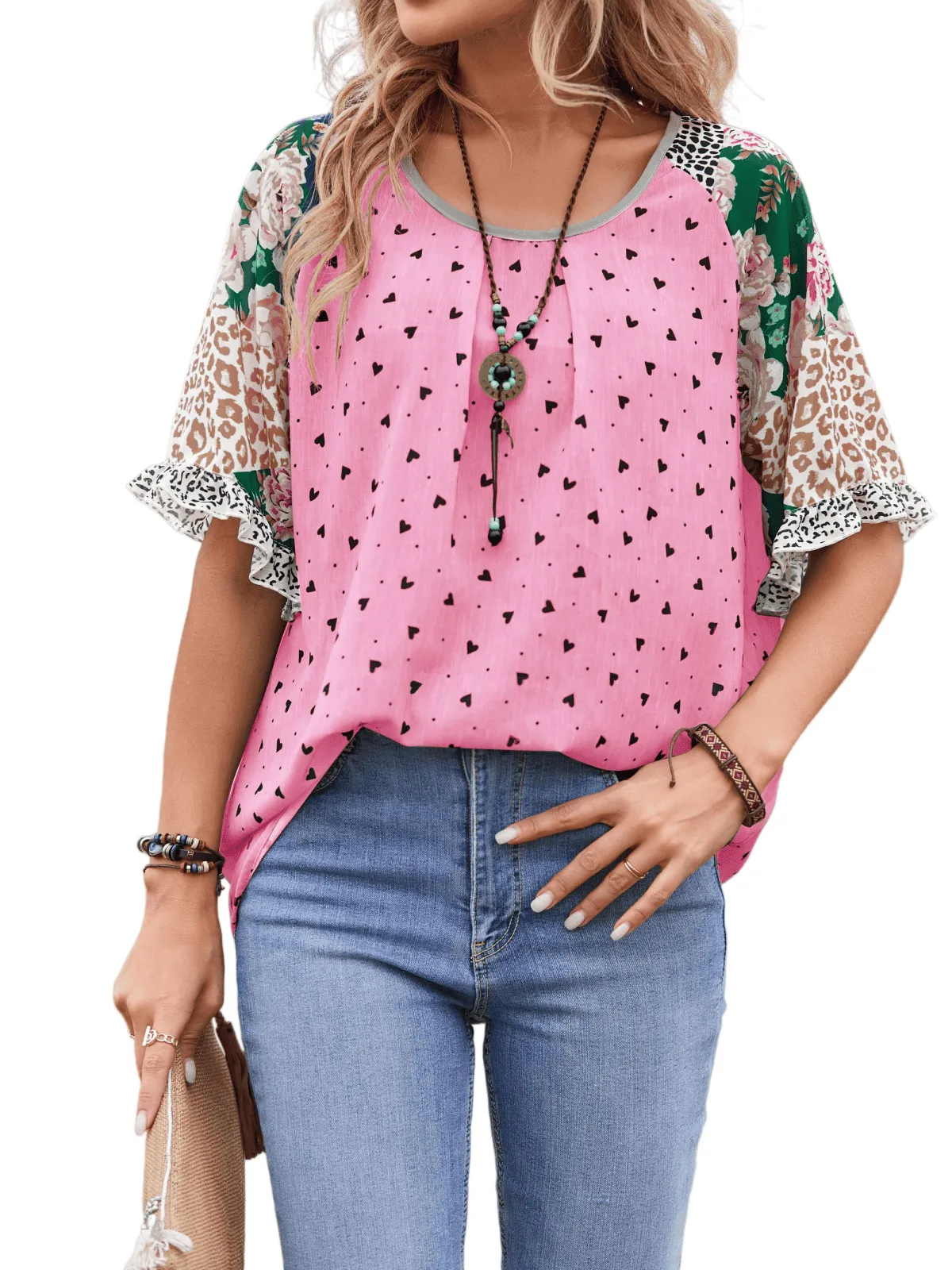 Chic YC Women's Heart Print Floral Leopard Patchwork Blouse sold by Zulily product image thumbnail 3