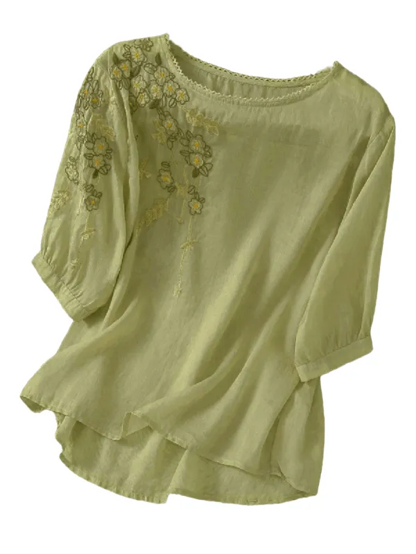 Chic YC Women's Floral Embroidered 3/4 Sleeve Blouse Ruffled Crew Neck Summer Top Small LightGreen made by Zulily