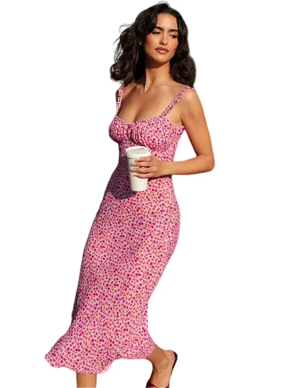 Chic YC Women's Floral Print Bodycon Midi Ruched Bust Spaghetti Strap Date Night Dress made by Zulily