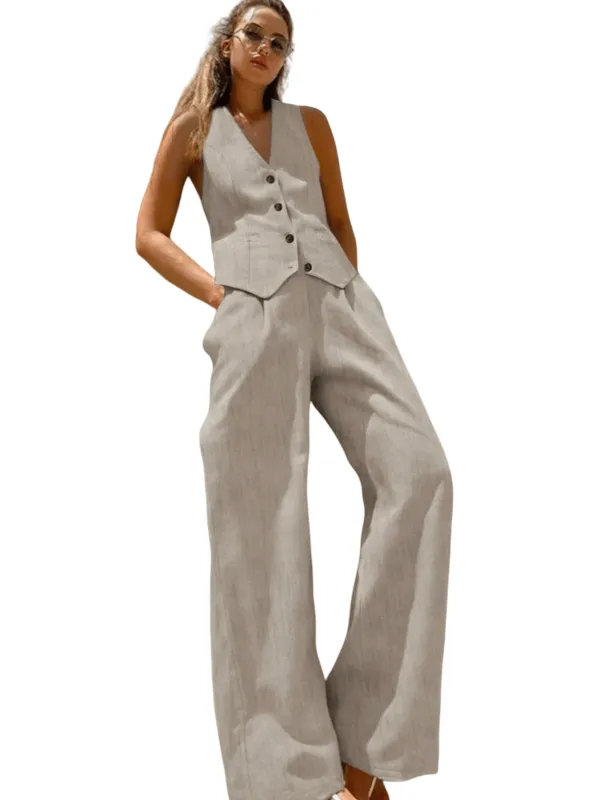Chic YC Women's Two Piece Button Down Waistcoat High Waist Trousers Casual Spring Summer Office Set made by Zulily