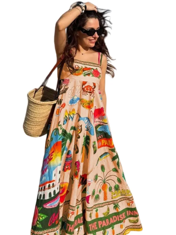 Chic YC Women's Tropical Print Spaghetti Strap Maxi Dress Flowy A-Line Summer Beach Vacation Dress Small Orange made by Zulily