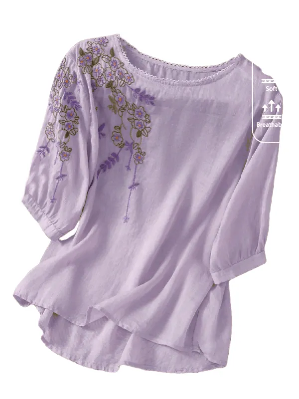 Chic YC Women's Floral Embroidered 3/4 Sleeve Blouse Ruffled Crew Neck Summer Top Small Purple made by Zulily