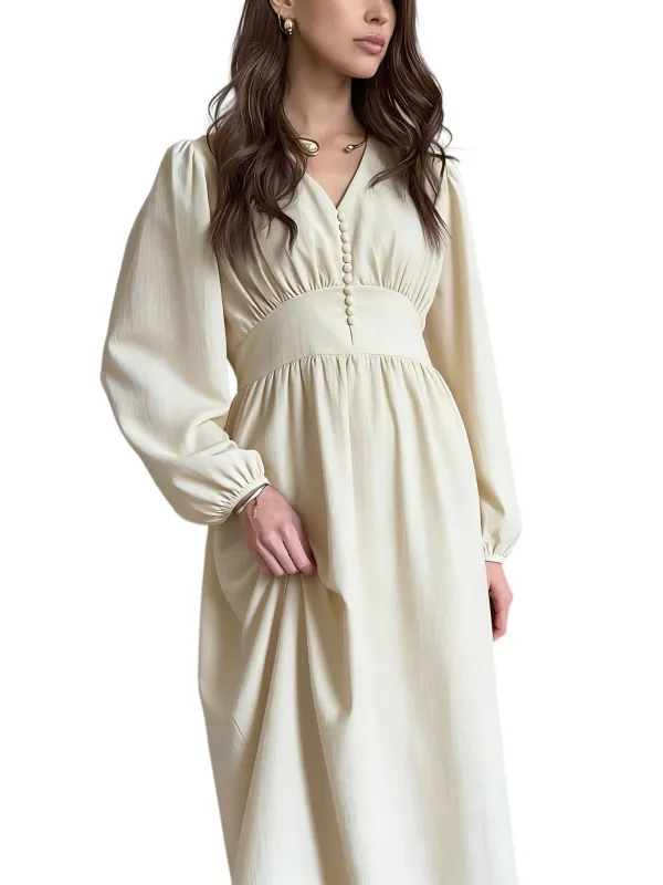 Chic YC Women's V-Neck Puff Sleeve Empire Waist Button Front A-Line Dress Casual Spring Fall Modest Dress made by Zulily