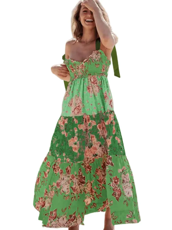 Chic YC Women's Floral Print Tiered Maxi Tie Shoulder Ruffle Hem Flowy Dress Large Green made by Zulily