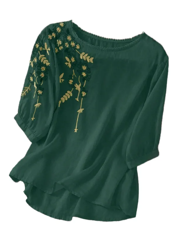 Chic YC Women's Floral Embroidered 3/4 Sleeve Blouse Ruffled Crew Neck Summer Top Small DarkGreen made by Zulily