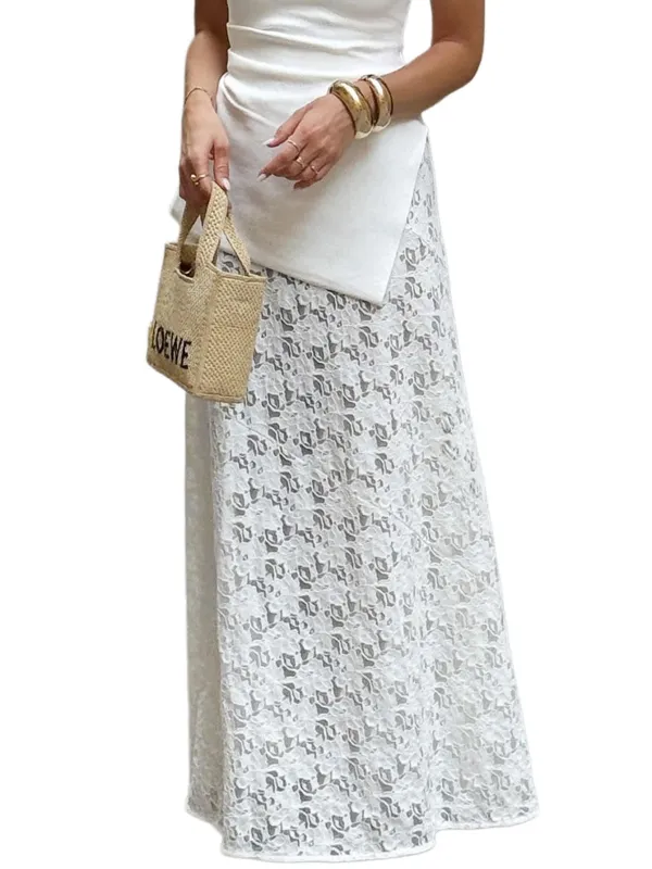 Chic YC Women's Lace Maxi High Waist A-Line Flowy Elegant Summer Beach Vacation Skirt Large White made by Zulily