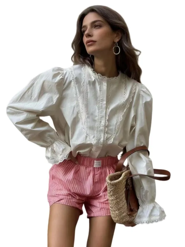 Chic YC Women's Ruffled Button Down Blouse Long Puff Sleeve Loose Fit Tunic Top Casual Vintage Work Shirt X-Large White made by Zulily