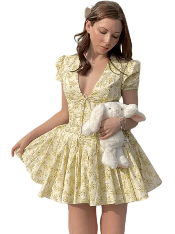 Chic YC Women's Floral Print Puff Sleeve Mini Dress Deep V-Neck Corset Waist Summer Casual Party Dress Large Yellow made by Zulily