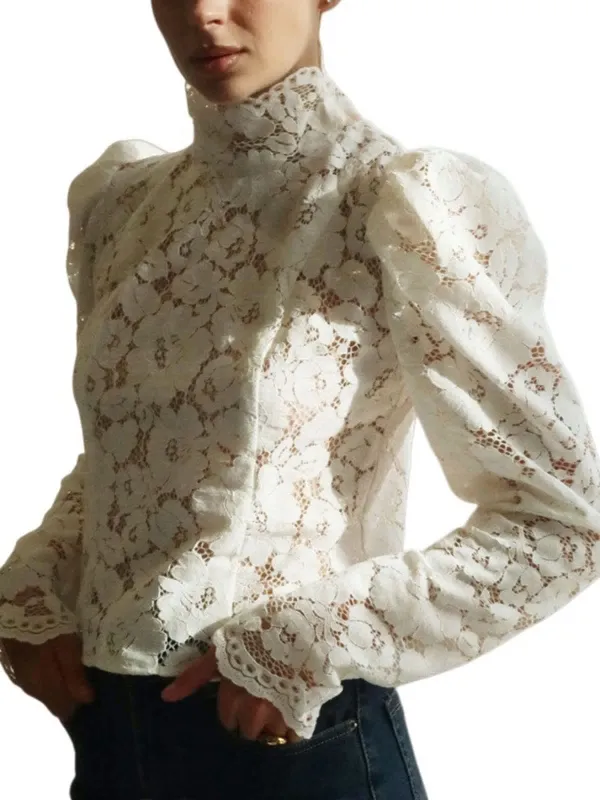 Chic YC Women's White Lace High Neck Blouse Spring Victorian Puff Long-Sleeve Elegant Top Small White made by Zulily