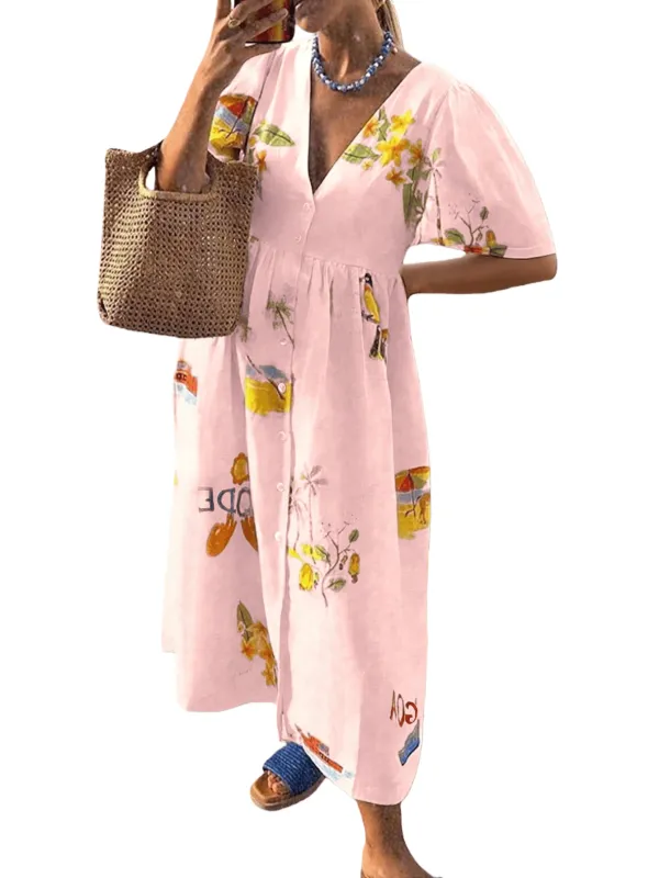 Chic YC Women's Women's Floral Print Maxi Dress Summer Boho V-Neck Puff Sleeve Button-Down Dress made by Zulily