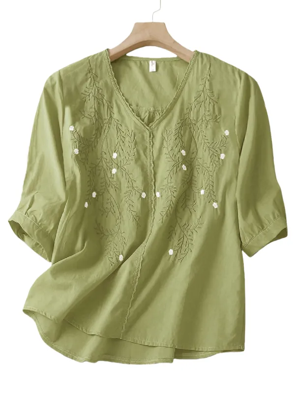 Chic YC Women's Pleated V-Neck Blouse Spring Summer Casual Half-Sleeve Flowy Top Medium Green made by Zulily