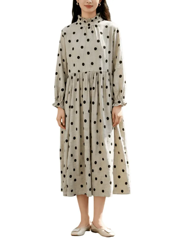 Chic YC Women's Beige Polka Dot Maxi Dress Spring Casual Loose Ruffle Neck Long-Sleeve Dress Medium Beige made by Zulily