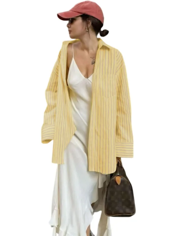 Chic YC Women's Yellow Striped Oversized Shirt Spring Summer Casual Button-Down Blouse Small Yellow made by Zulily