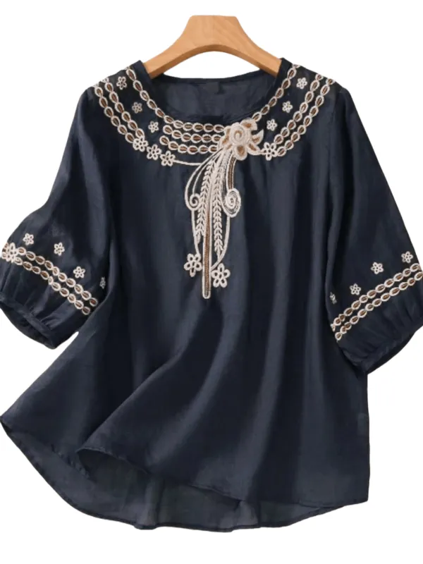 Chic YC Women's Black Boho Gold Embroidered Blouse Spring Summer Casual Half-Sleeve Top made by Zulily