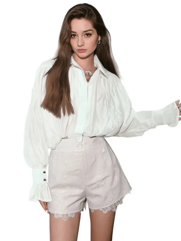 Chic YC Women's White Sheer Organza Blouse Spring Elegant Puff Sleeve Tie-Cuff Oversized Shirt Large White made by Zulily