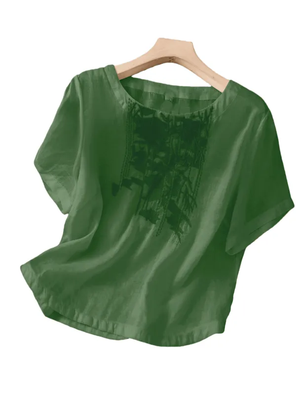 Chic YC Women's Embroidered Blouse Spring Summer Casual Short-Sleeve Top X-Large Armygreen made by Zulily