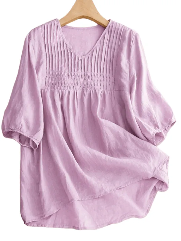 Chic YC Women's Lavender Pleated V-Neck Blouse Spring Summer Casual Half-Sleeve Flowy Top Large Lightpurple made by Zulily