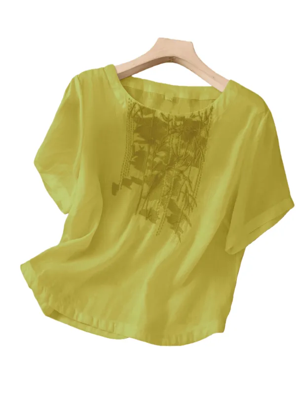Chic YC Women's Embroidered Blouse Spring Summer Casual Short-Sleeve Top Medium Yellow made by Zulily