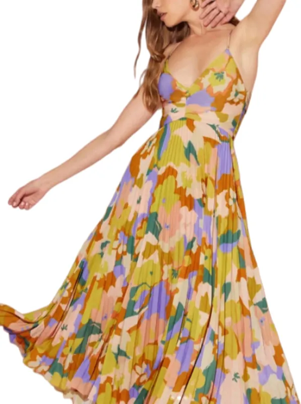 Chic YC Women's Colorful Print Pleated Midi Dress Spaghetti Strap Summer Sundress Large Yellow made by Zulily