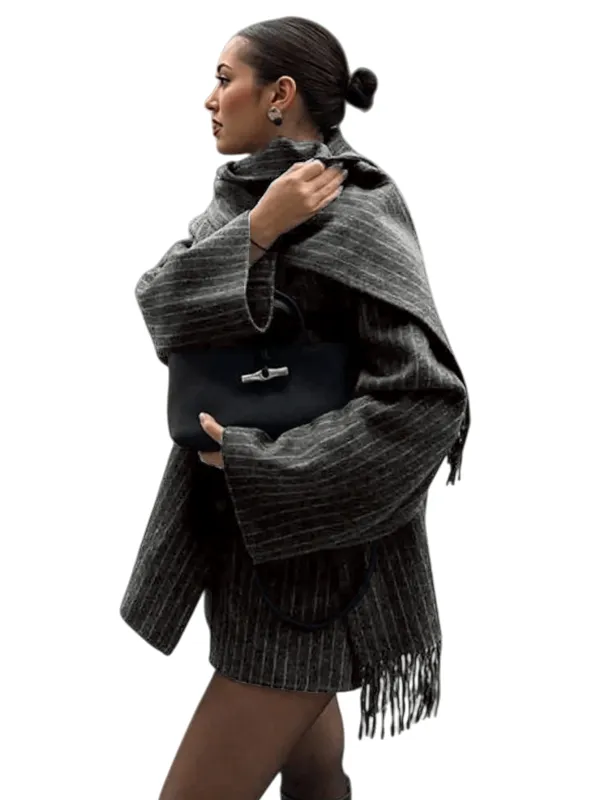 Chic YC Women's Long Sleeve Striped Coat with Tassel Scarf made by Zulily
