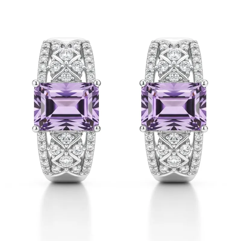 Amethyst Hoop Earrings for Women 3.06 Carats Emerald Cut Purple Hoops Pave Earrings Sterling Silver Huggie Hoop February Birthstone Jewelry Gift made by Zulily