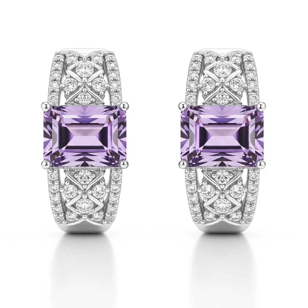Amethyst Hoop Earrings for Women 3.06 Carats Emerald Cut Purple Hoops Pave Earrings Sterling Silver Huggie Hoop February Birthstone Jewelry Gift sold by Zulily