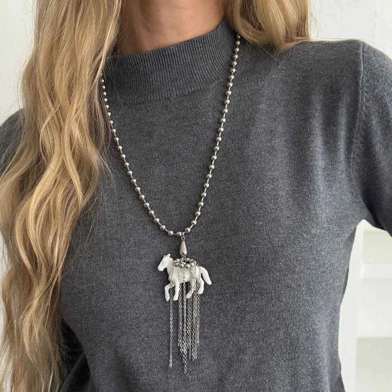 White Acrylic & Silvertone Horse Pendant Ball Chain Necklace made by Zulily