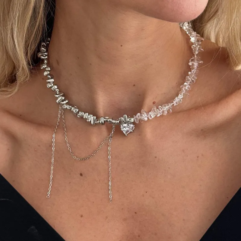 Clear Acrylic & Crystal Silvertone Heart Tassel Patchwork Collar Necklace made by Zulily