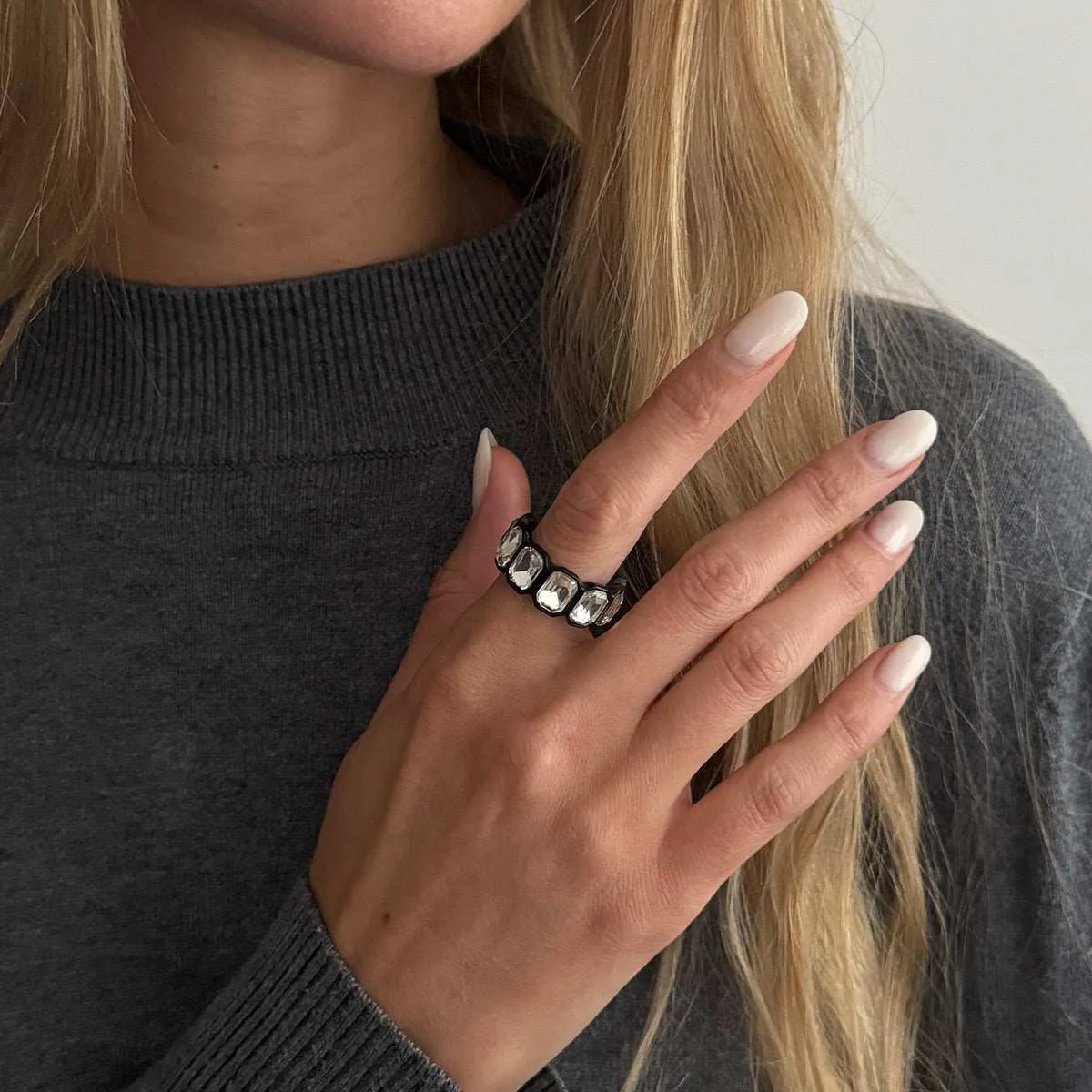 Crystal & Blacktone Rectangle Open Band Ring sold by Zulily