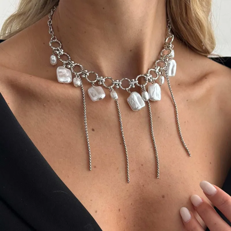 Baroque Pearl & Silvertone Circle Link Tassel Collar Necklace made by Zulily