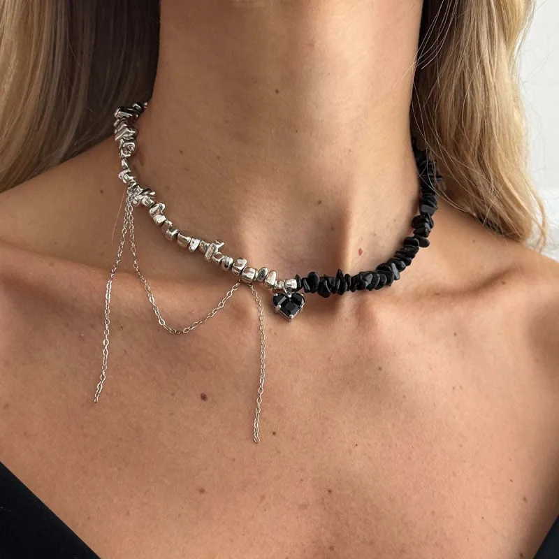 Black Acrylic & Crystal Silvertone Heart Tassel Patchwork Collar Necklace made by Zulily