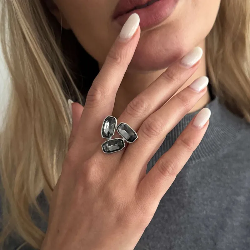 Gray Crystal & Silvertone Tri-Rectangle Open Ring made by Zulily