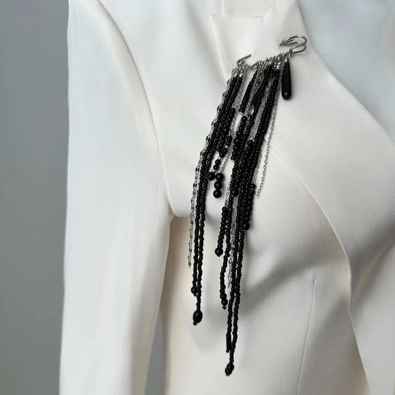 Black Crystal & Acrylic Silvertone Drop Tassel Pin Brooch made by Zulily