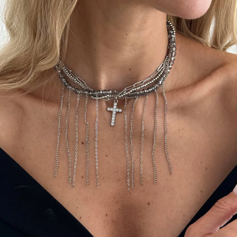 Gray Acrylic & Cubic Zirconia Silvertone Cross Tassel Collar Necklace made by Zulily