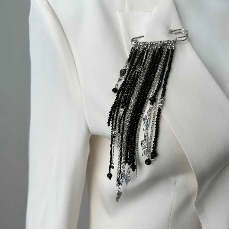 Black Crystal & Acrylic Silvertone Wing Tassel Pin Brooch made by Zulily