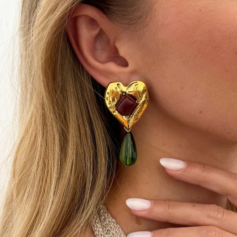 Green Resin & Goldtone Heart Drop Earrings made by Zulily