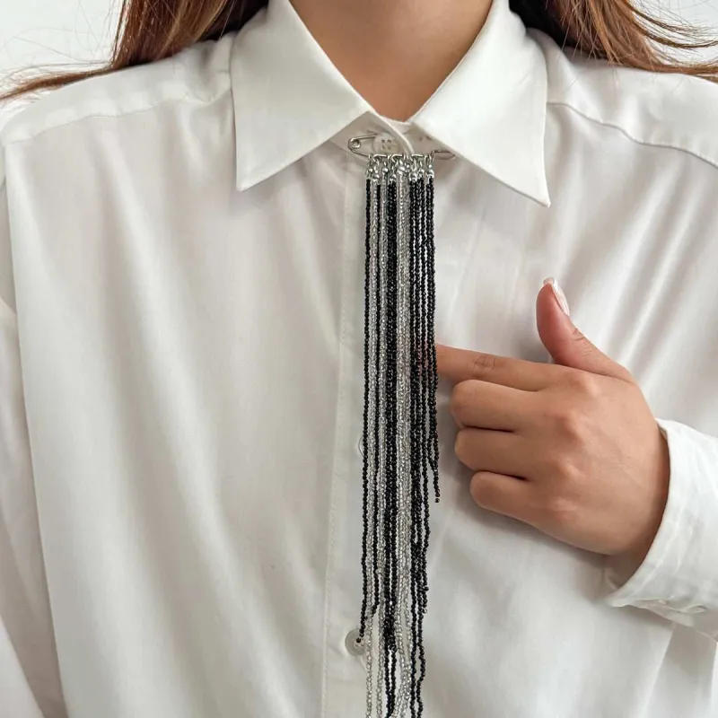 Black & White Acrylic Silvertone Tassel Pin Brooch made by Zulily
