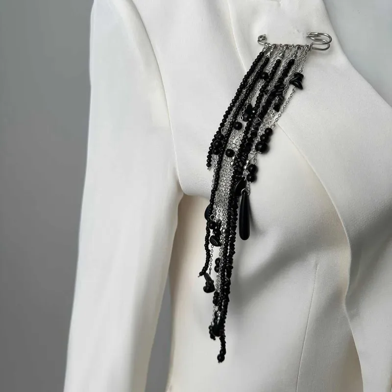 Black Crystal & Acrylic Silvertone Tassel Pin Brooch made by Zulily