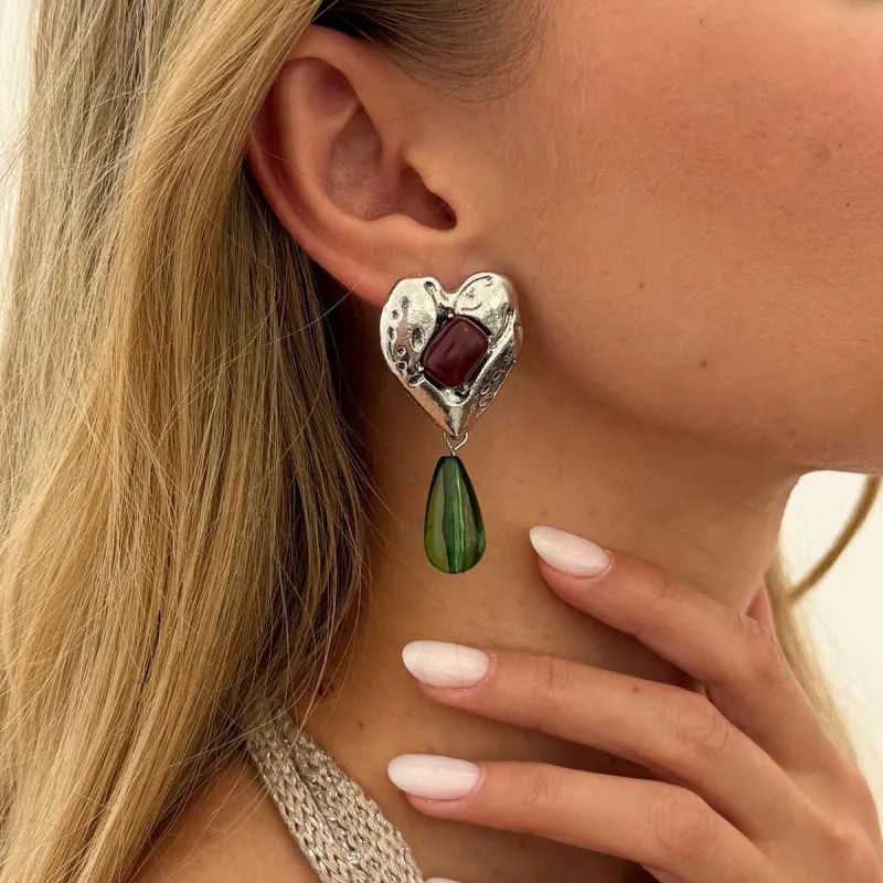 Green Resin & Silvertone Heart Drop Earrings made by Zulily