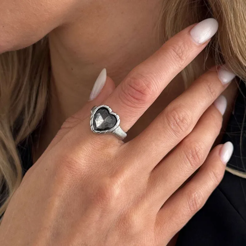 Black Crystal & Silvertone Heart Open Ring made by Zulily