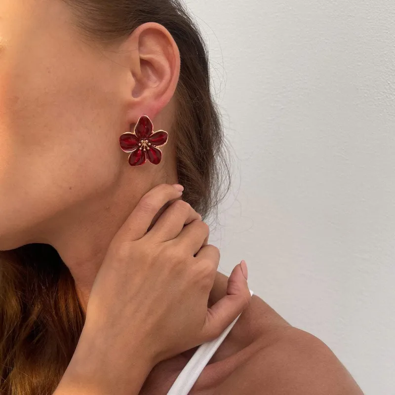 Dark Red Enamel & Goldtone Flower Stud Earrings made by Zulily