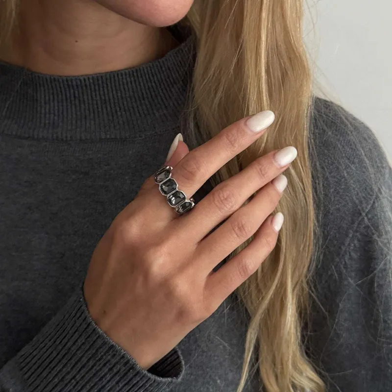 Gray Crystal & Silvertone Rectangle Open Band Ring made by Zulily