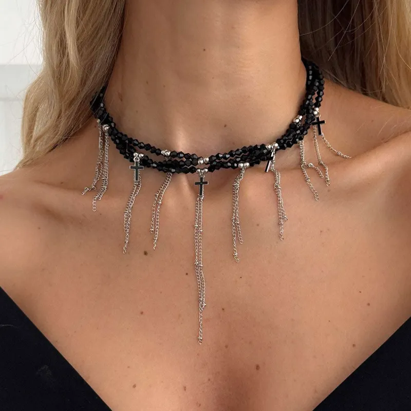 Black Acrylic & Enamel Silvertone Cross Tassel Layered Collar Necklace made by Zulily