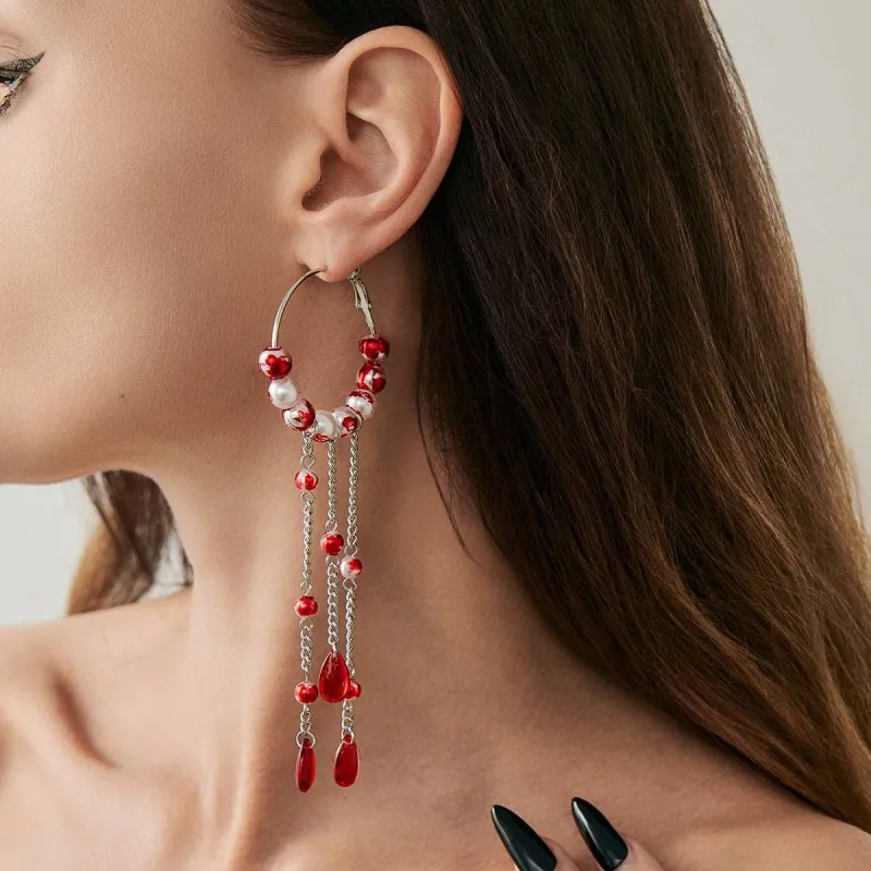 Red Crystal & Enamel Pearl Silvertone Beaded Hoop Tassel Dangle Earrings made by Zulily