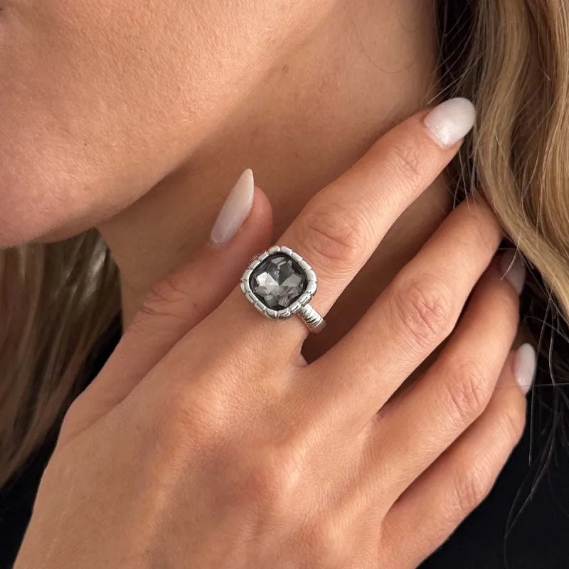 Black Crystal & Silvertone Square Open ring made by Zulily